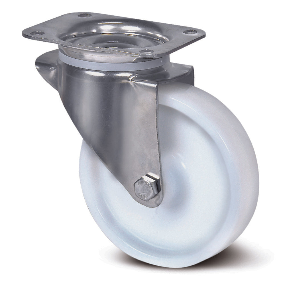 8470UOD125P62 - 250kg Swivel Plate 125mm Stainless Steel White Nylon