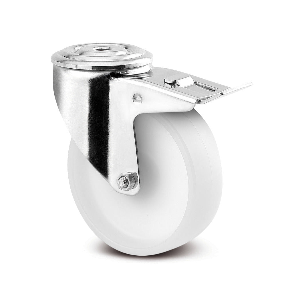 8477UOD125P30 - 200kg Swivel Total Brake Bolt Hole 125mm Stainless Steel White Nylon