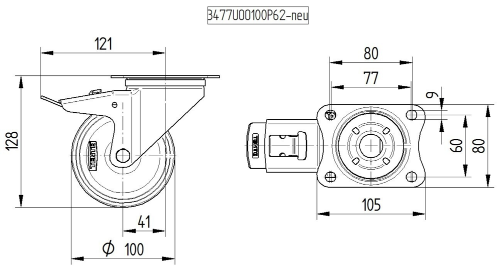 8477UOD100P62 - 200kg Swivel Plate Total Brake 100mm Stainless Steel White Nylon