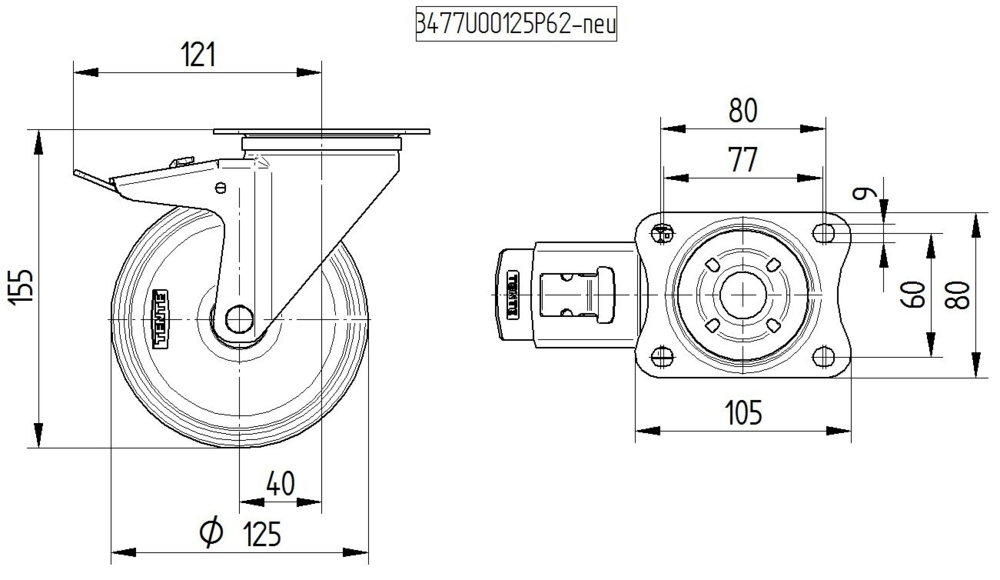 8477UOD125P62 - 250kg Swivel Plate Total Brake 125mm Stainless Steel White Nylon
