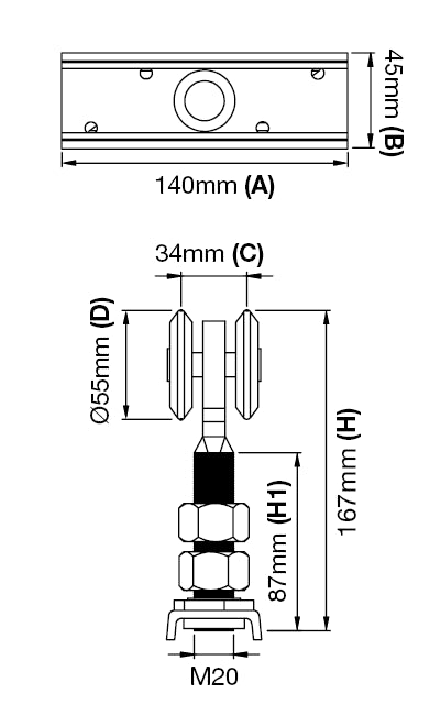 CAR-60-4W - 60MM Overhead Track 4 Wheel Steel Carriage - 460kg Capacity