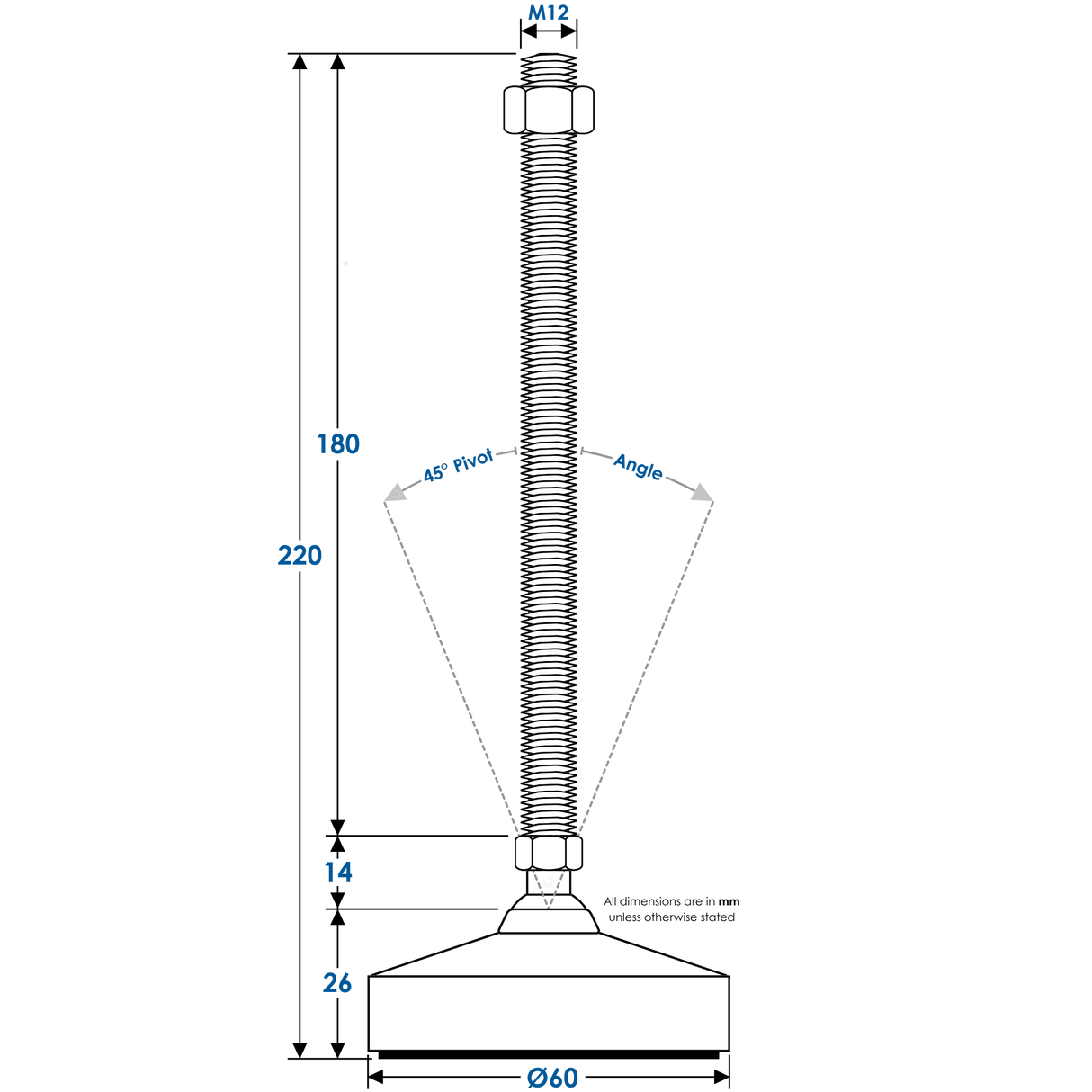 SSF-60-M12-180 - HD S/S Levelling Foot, 1200kg, Ø60mm Base, M12x180mm