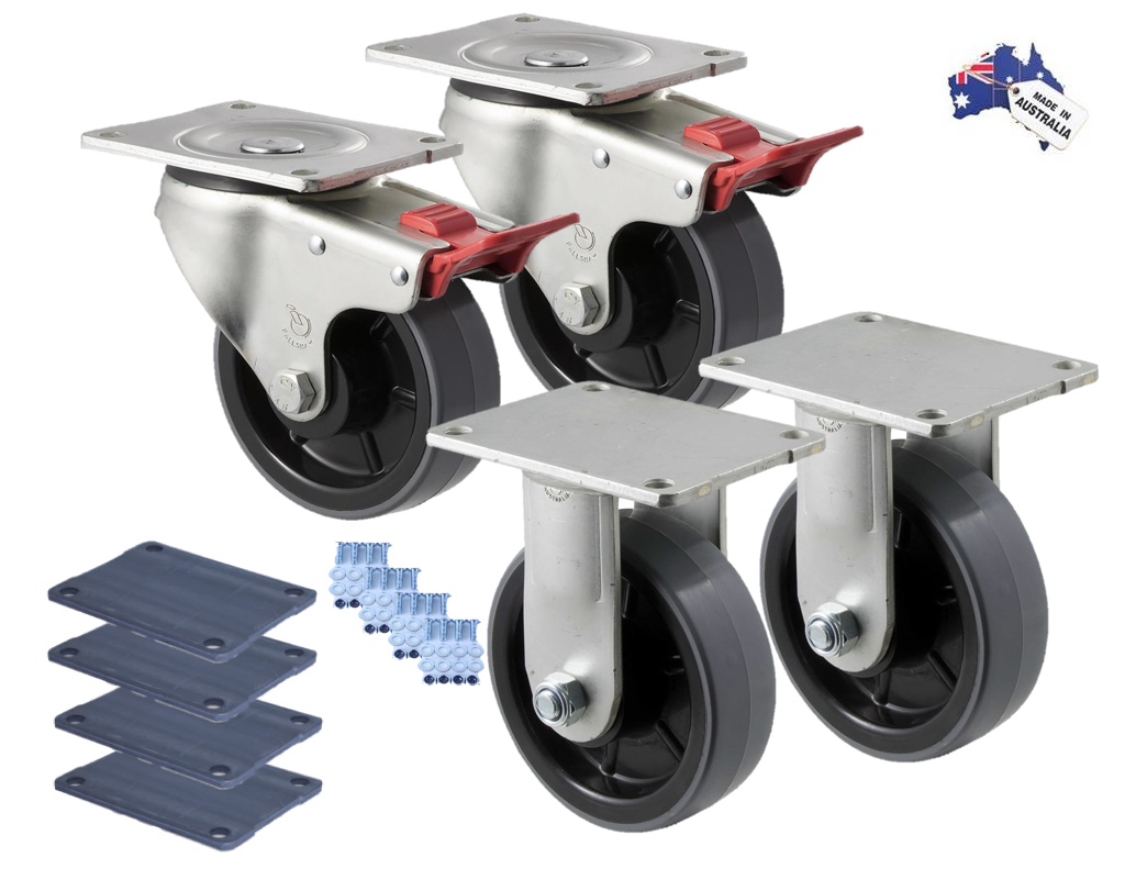 Premium Australian Made Heavy Industrial 125mm 2x Fixed & 2x Swivel Total Brake Polyurethane 400 kg per castor (HUR125F-SB-PACK)
