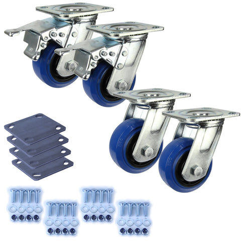 Heavy Industrial 100mm 180 Kg Per Castor Pack <span>2x Swivel & 2x Swivel Total Brake Blue Rubber</span>*HIN4-S-SB-BRQ-PACK*
