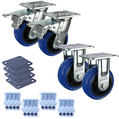 Heavy Industrial 125mm 220 Kg Per Castor Pack <span>2x Fixed & 2x Swivel Total Brake Blue Rubber</span>*HIN5-F-SB-BRQ-PACK*