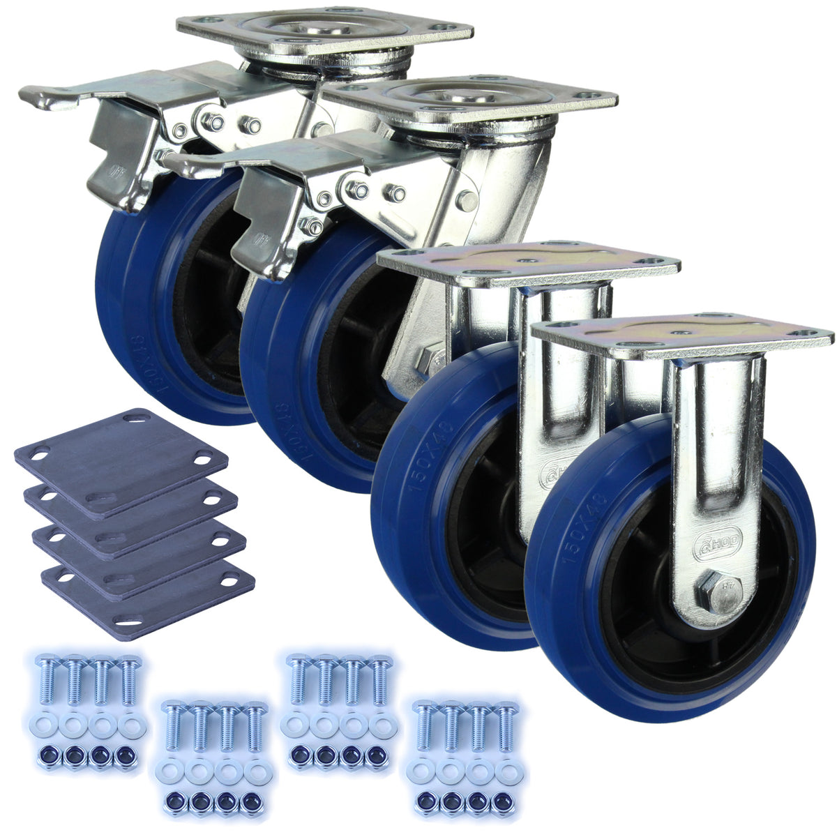 Heavy Industrial 150mm 300 kg Per Castor Pack 2x Fixed & 2x Swivel Total Brake Blue Rubber *HIN6-F-SB-BRQ-PACK*