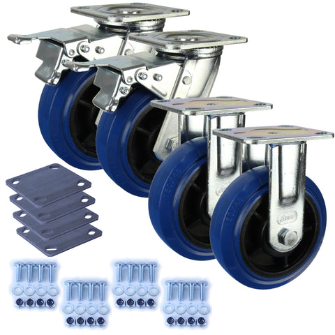 Heavy Industrial 150mm 300 Kg Per Castor Pack <span>2x Fixed & 2x Swivel Total Brake Blue Rubber</span>*HIN6-F-SB-BRQ-PACK*