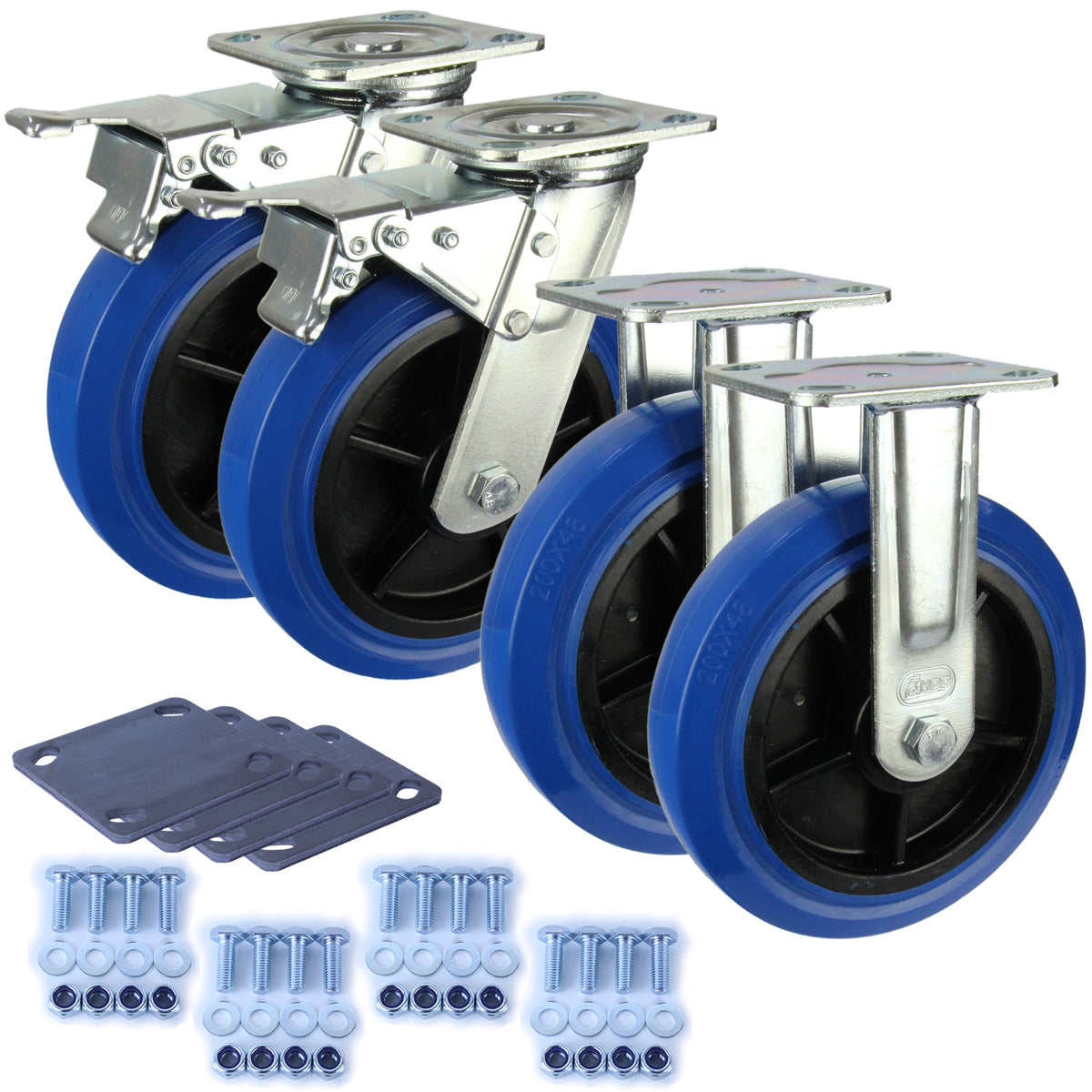 Heavy Industrial 200mm 350 kg Per Castor Pack 2x Fixed & 2x Swivel Total Brake Blue Rubber *HIN8-F-SB-BRQ-PACK*