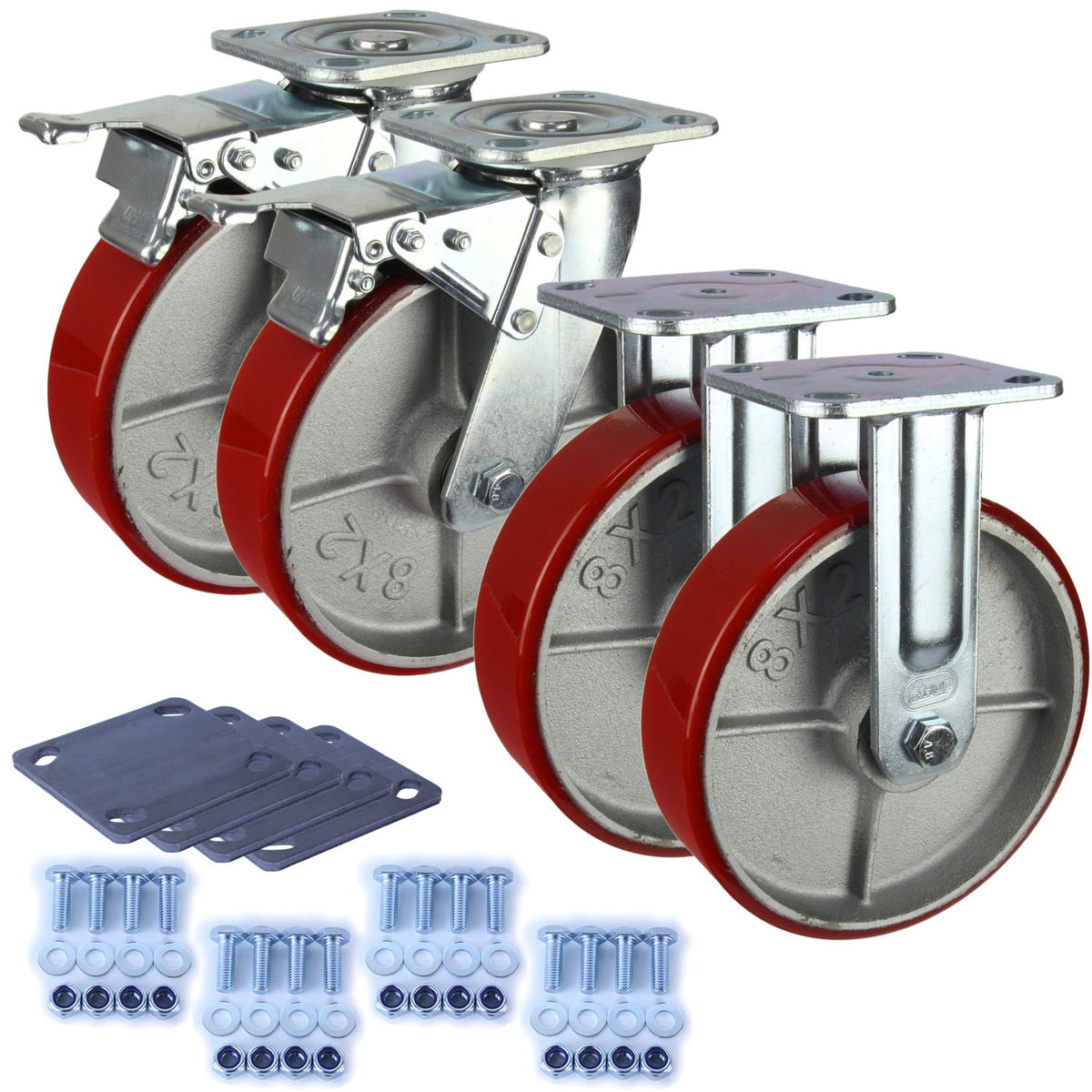 Heavy Industrial 200mm 450 kg Per Castor Pack 2x Fixed & 2x Swivel Total Brake Polyurethane *HIN8-F-SB-CIPU-PACK*
