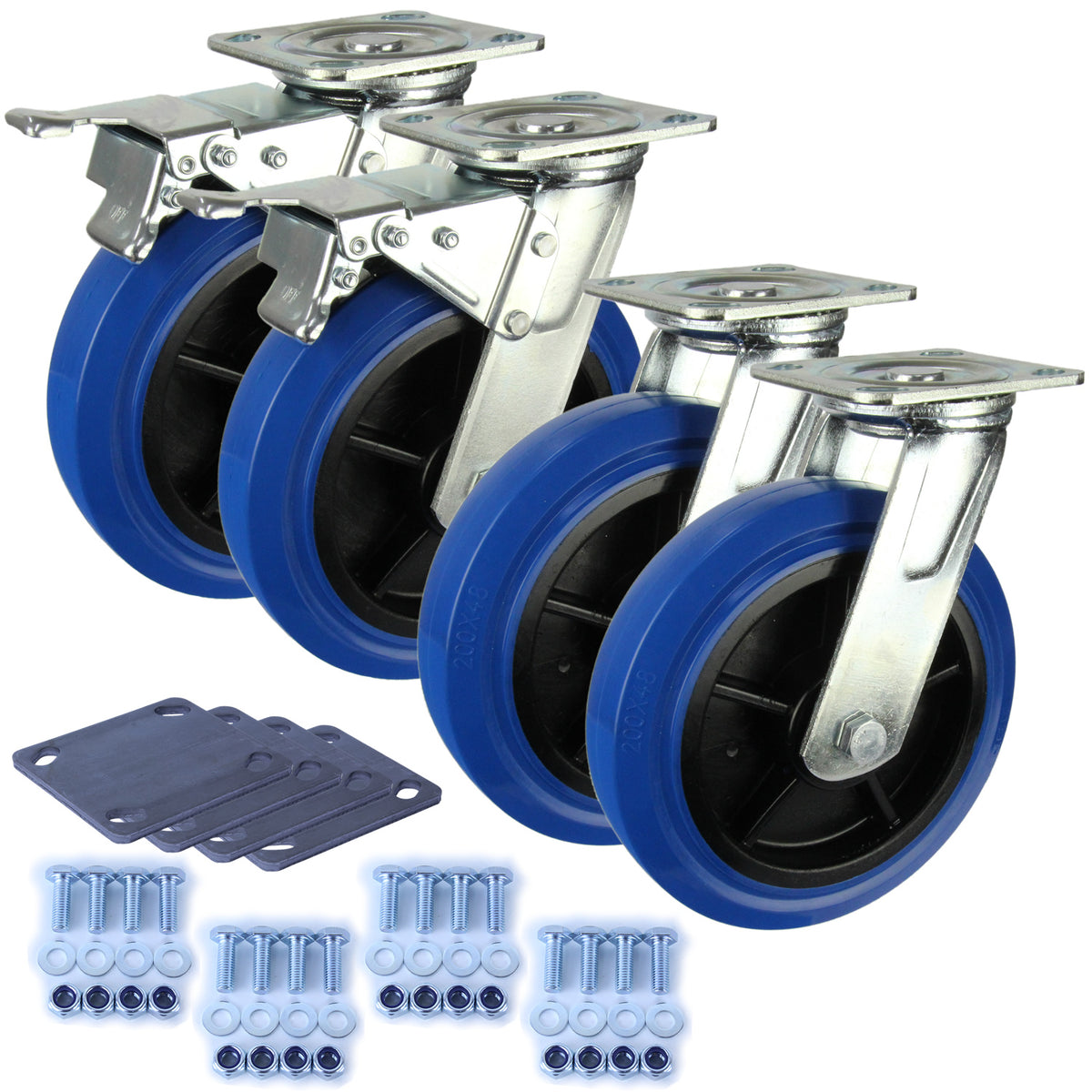 Heavy Industrial 200mm 350 kg Per Castor Pack 2x Swivel & 2x Swivel Total Brake Blue Rubber *HIN8-S-SB-BRQ-PACK*