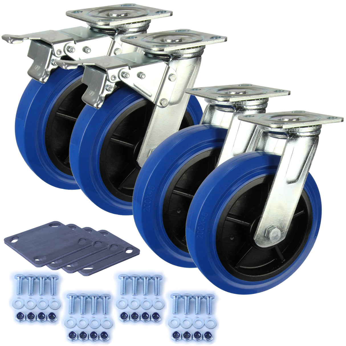 Heavy Industrial 200mm 350 Kg Per Castor Pack 2x Swivel & 2x Swivel Total Brake Blue Rubber *HIN8-S-SB-BRQ-PACK*