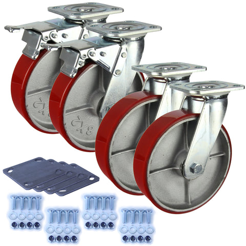 Heavy Industrial 200mm 450 Kg Per Castor Pack <span>2x Swivel & 2x Swivel Total Brake Polyurethane</span>*HIN8-S-SB-CIPU-PACK*