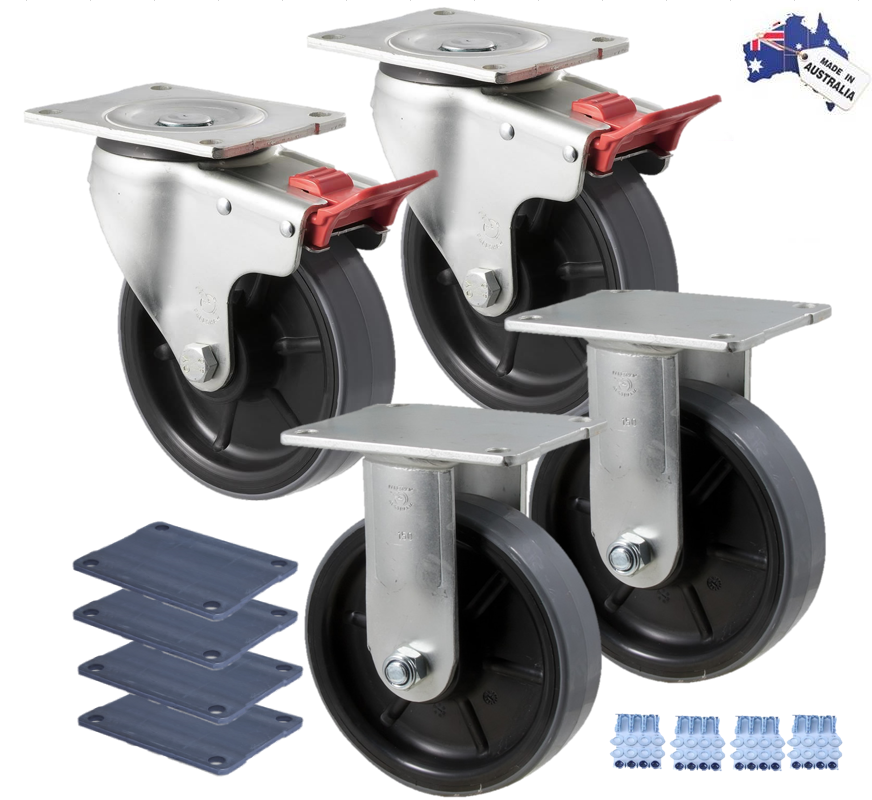 Premium Australian Made Heavy Industrial 150mm 2x Fixed & 2x Swivel Total Brake Polyurethane 450kg per castor (HUR150F-SB-PACK)