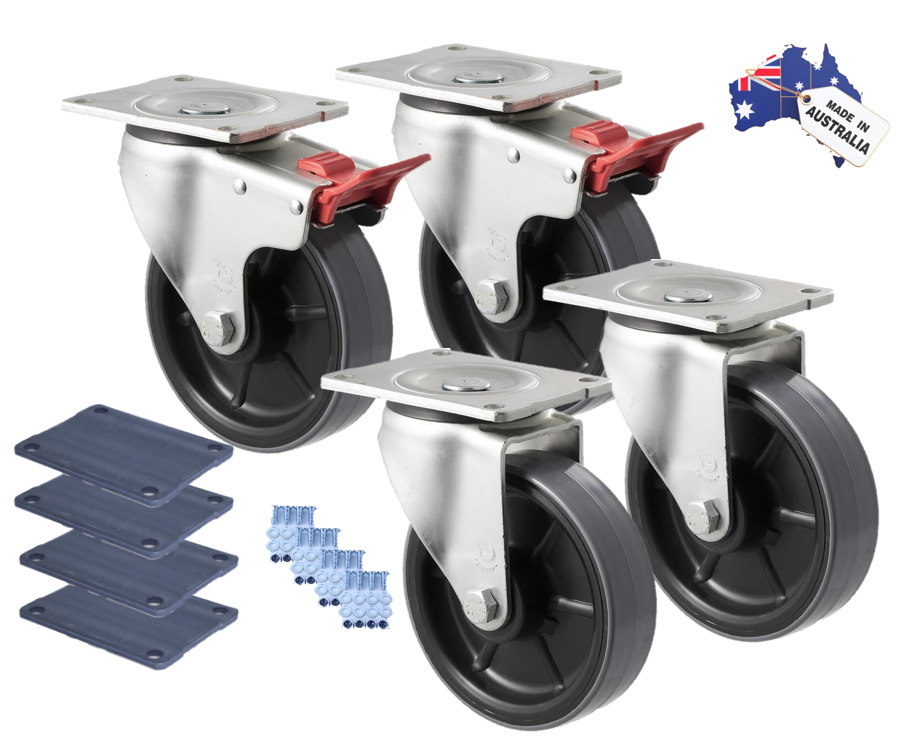 Premium Australian Made Heavy Industrial 150mm 2x Swivel & 2x Swivel Total Brake Polyurethane 450 kg per castor (HUR150S-SB-PACK)