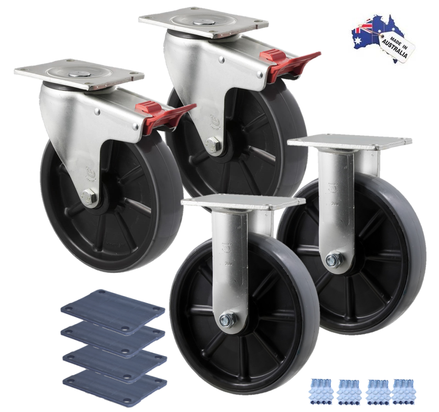 Premium Australian Made Heavy Industrial 200mm 2x Fixed & 2x Swivel Total Brake Polyurethane 500 kg per castor (HUR200F-SB-PACK)
