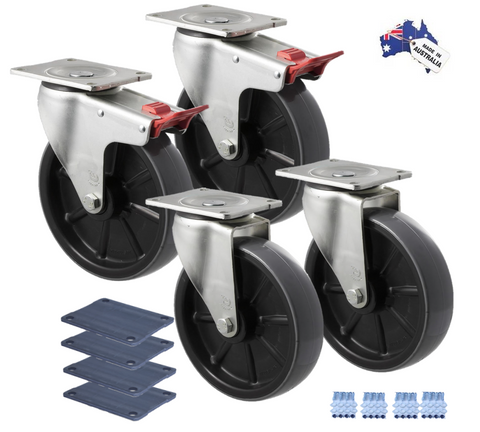 Premium Australian Made Heavy Industrial 200mm<span>2x Swivel & 2x Swivel Total Brake Polyurethane 500kg per castor (HUR200S-SB-PACK)</span>