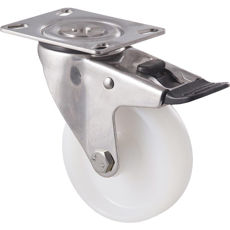 MNN100WS/MSPTB 150 Kg Stainless Steel Swivel Plate Total Brake 100mm White Nylon