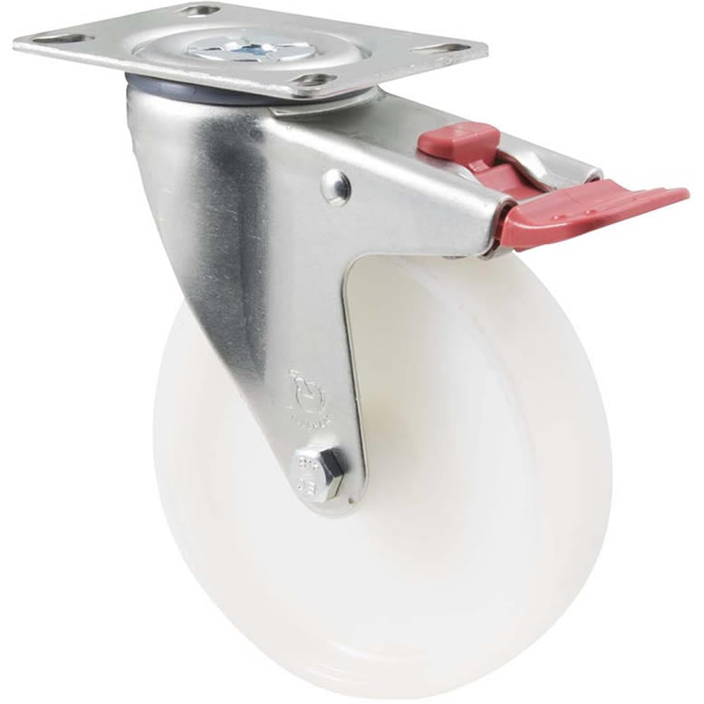 MNN125W/MZPTB - 150 kg Swivel Plate Total Brake 125mm White Nylon