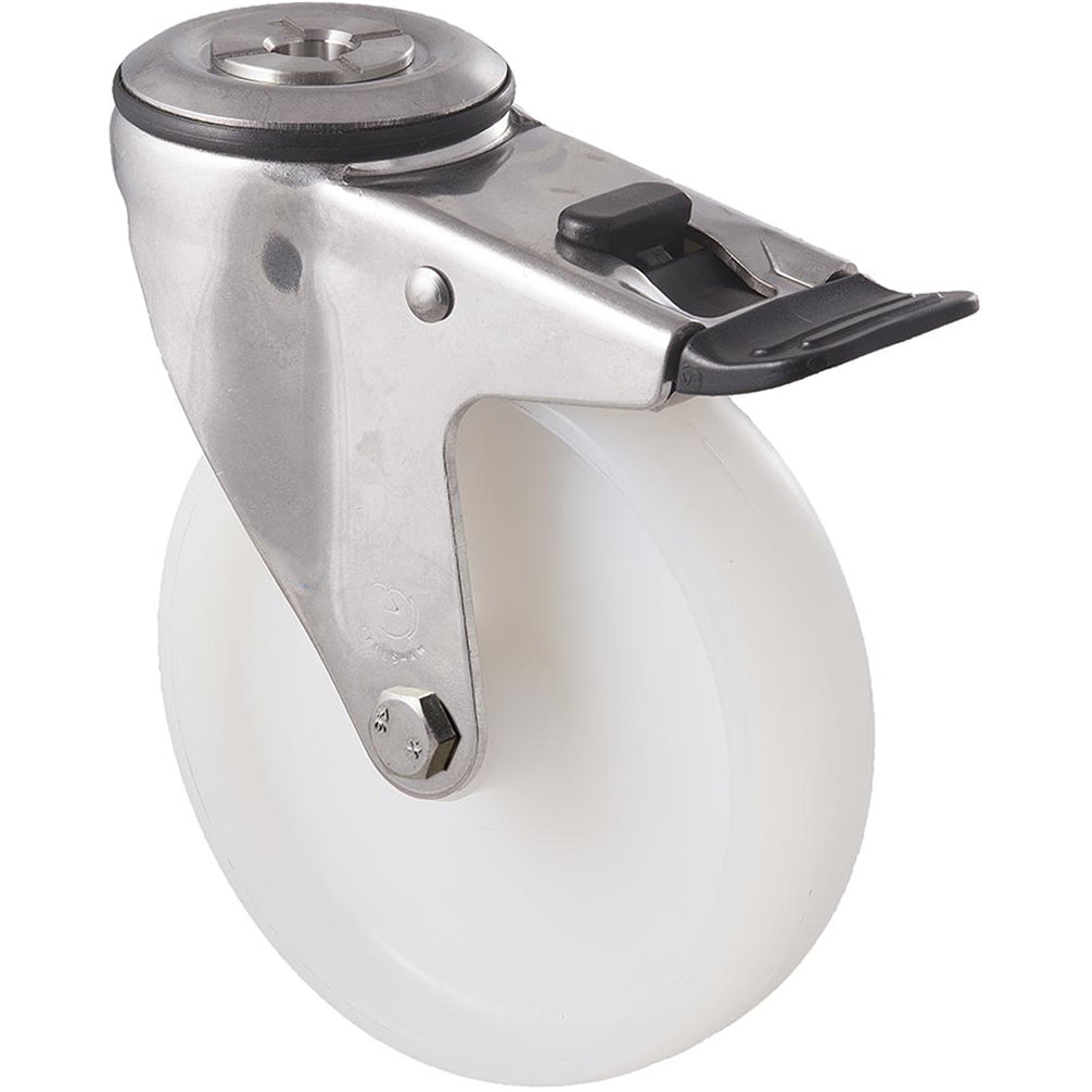 MNN125WS/MSHTB 150 kg Stainless Steel Bolt-Hole Total Brake 125mm White Nylon