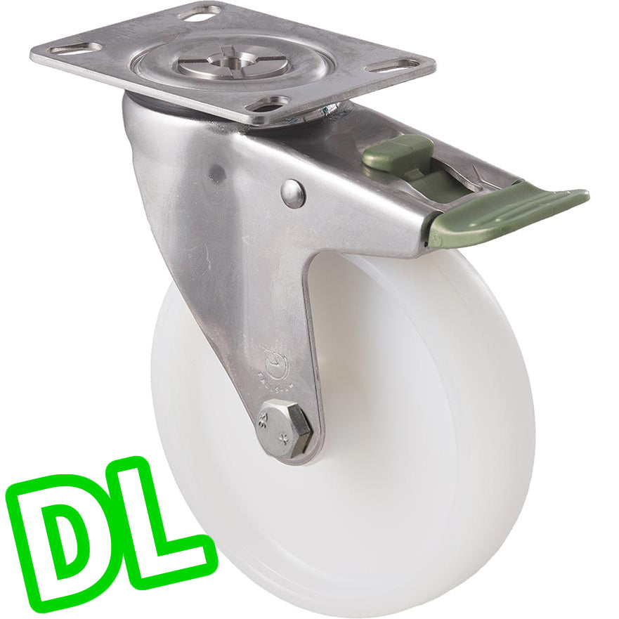 MNN125WS/MSPDL 150 Kg Stainless Steel Swivel Plate Direction Lock Only 125mm White Nylon
