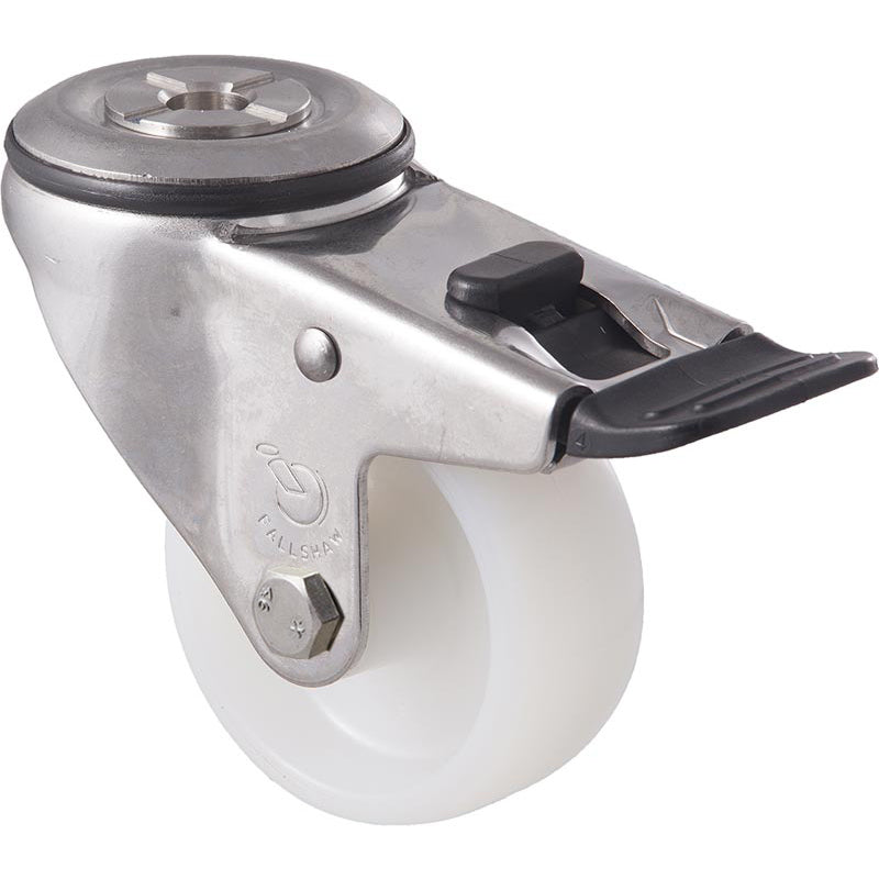 MNN75WS/MSHTB 150 Kg Stainless Steel Bolt-Hole Total Brake 75mm White Nylon