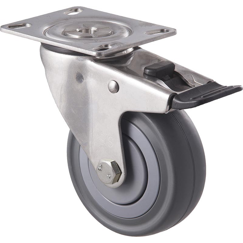 MSA100G/MSPTB 140 Kg Stainless Steel Swivel Plate Total Brake 100mm Grey Rubber