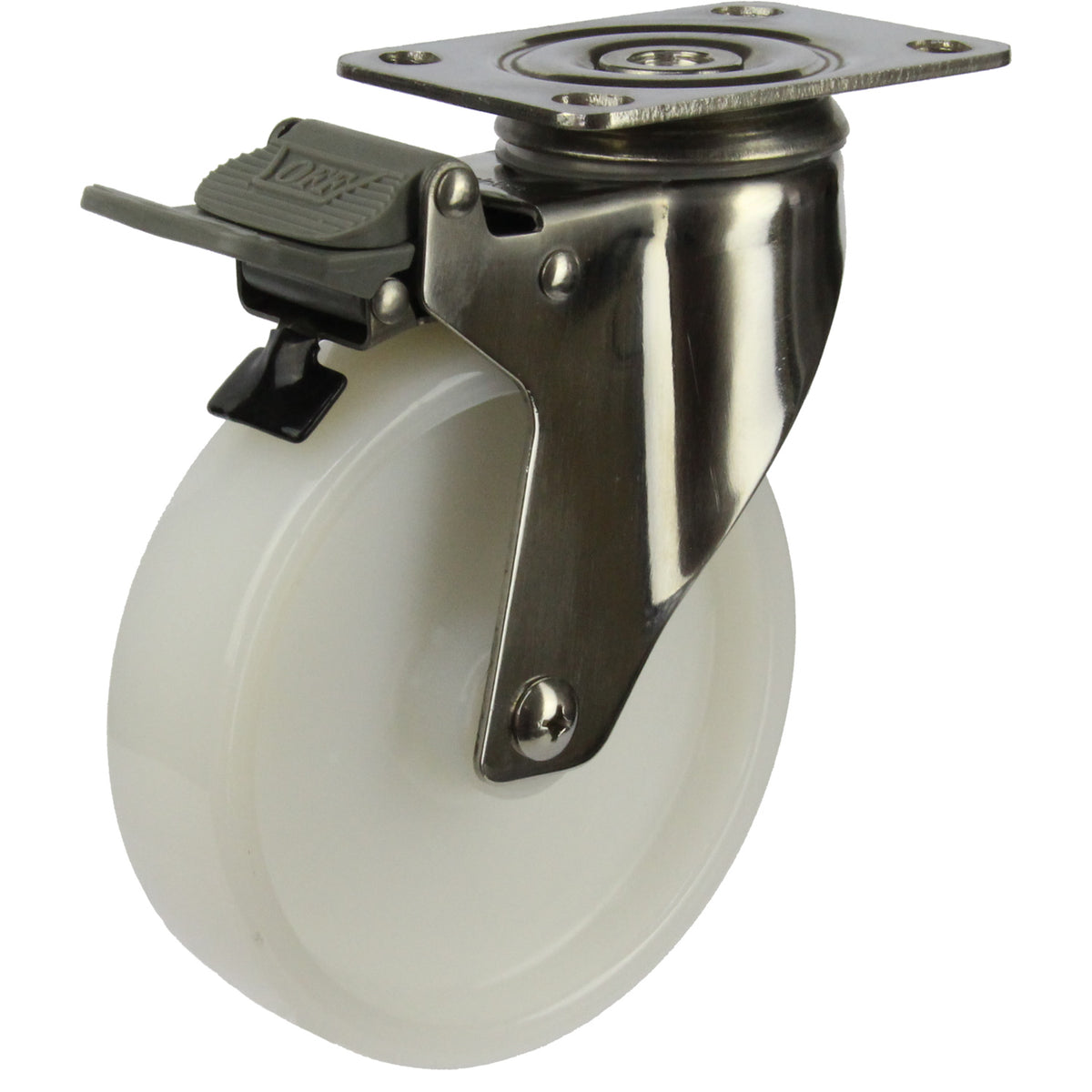 MSSWNA125STB - 100 kg Swivel Plate Total Brake 125mm Stainless Steel White Nylon