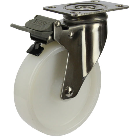MSSWNA125STB <span>100 Kg Swivel Plate Total Brake 125mm Stainless Steel White Nylon</span>