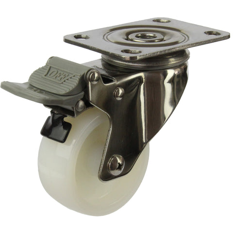 MSSWNA75STB <span>80 Kg Swivel Plate Total Brake 75mm Stainless Steel White Nylon</span>