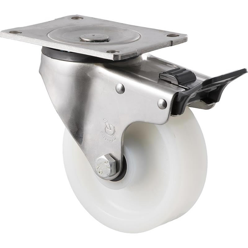 ONS125W/OSPTB - 400 kg Stainless Steel Swivel Plate Total Brake 125mm White Nylon