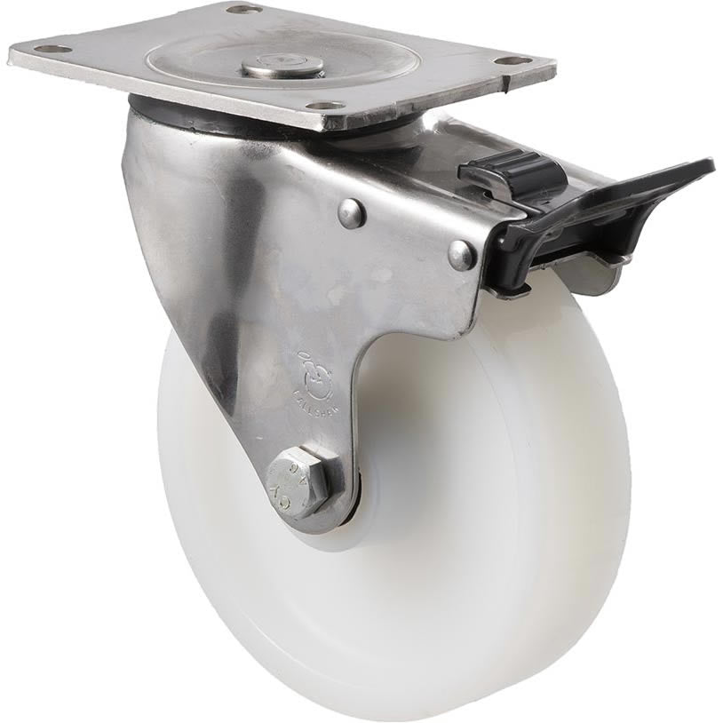 ONS150W/OSPTB - 450 kg Stainless Steel Swivel Plate Total Brake 150mm White Nylon
