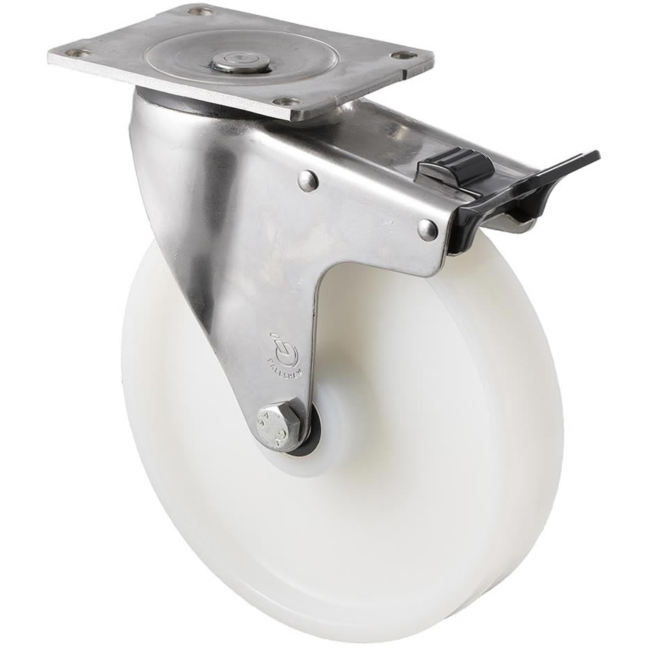 ONS200W/OSPTB - 500 kg Stainless Steel Swivel Plate Total Brake 200mm White Nylon
