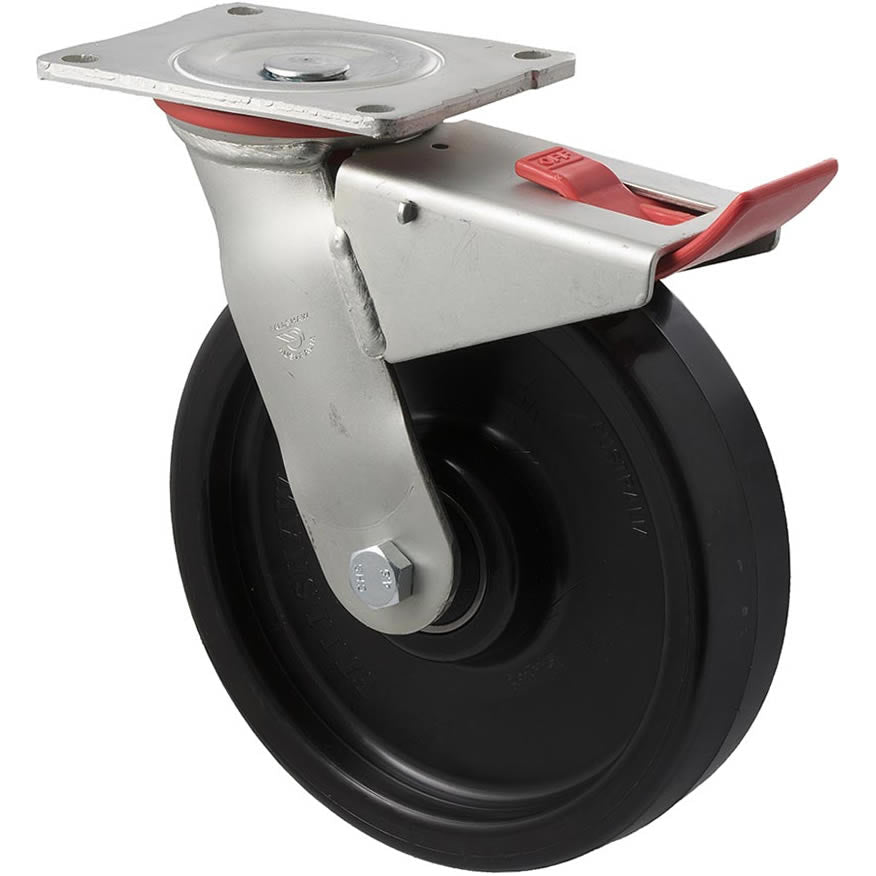 WNQ200/HZPTB - H SERIES 600 kg Swivel Plate Total Brake 200mm Black Nylon