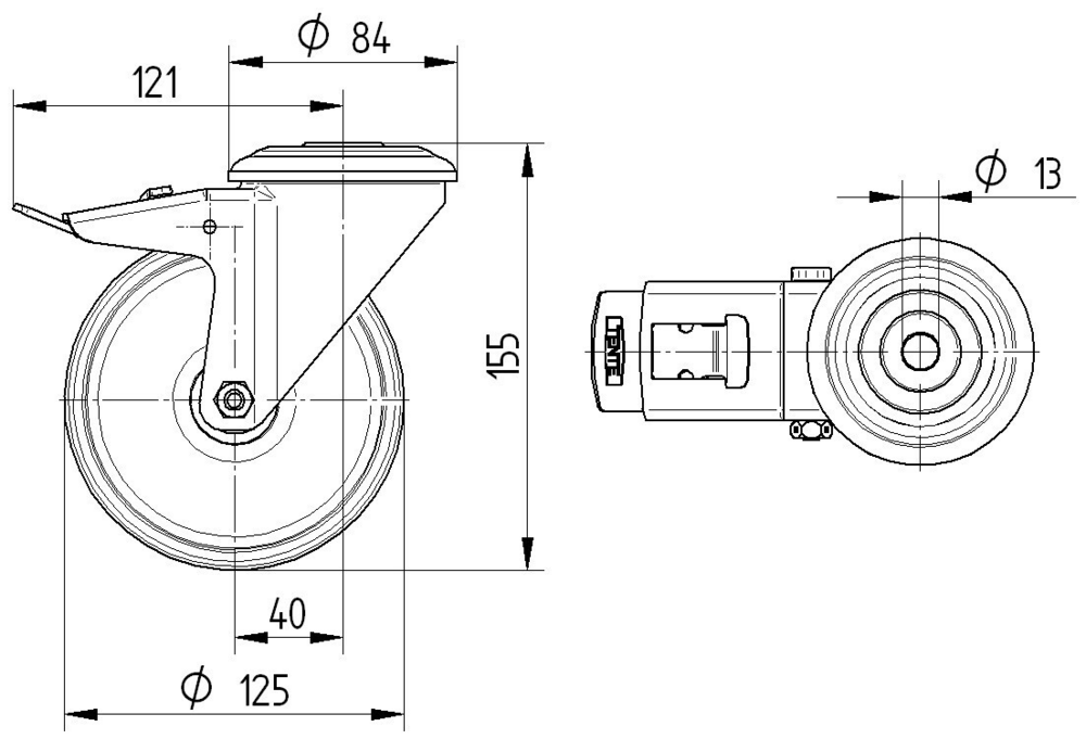 8477UOD125P30 - 200kg Swivel Total Brake Bolt Hole 125mm Stainless Steel White Nylon