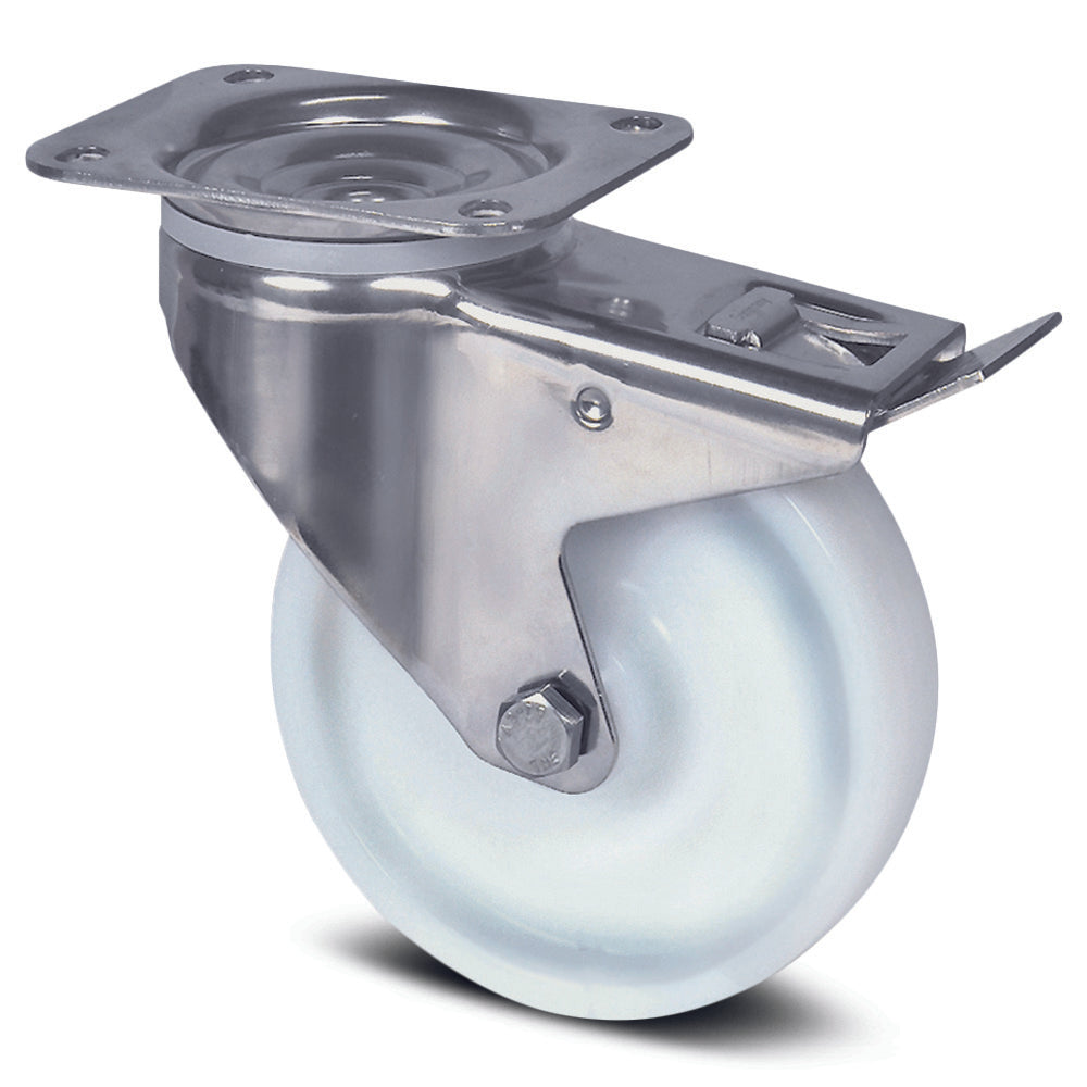 8477UOD100P62 - 200kg Swivel Plate Total Brake 100mm Stainless Steel White Nylon