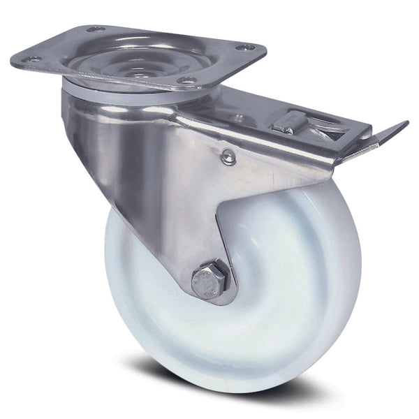 8477UOD100P62 <span>200kg Swivel Plate Total Brake 100mm Stainless Steel White Nylon</span>