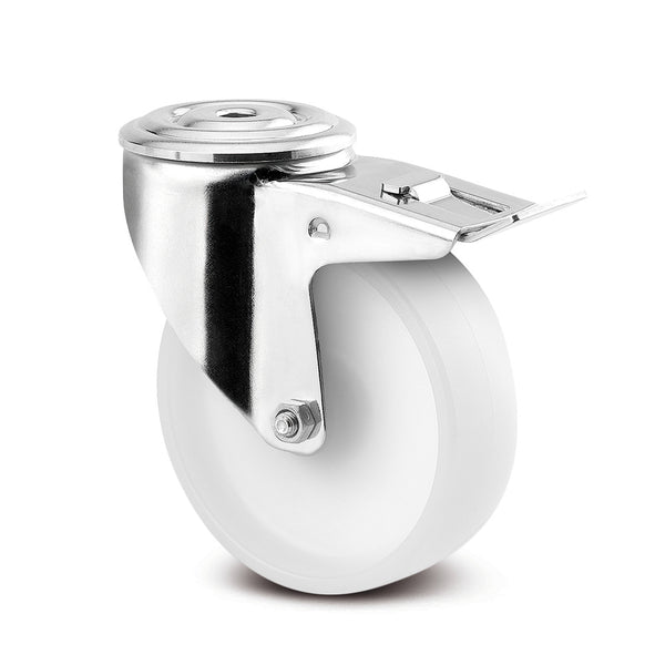 8477UOD125P30 <span>200kg Swivel Total Brake Bolt Hole 125mm Stainless Steel White Nylon</span>