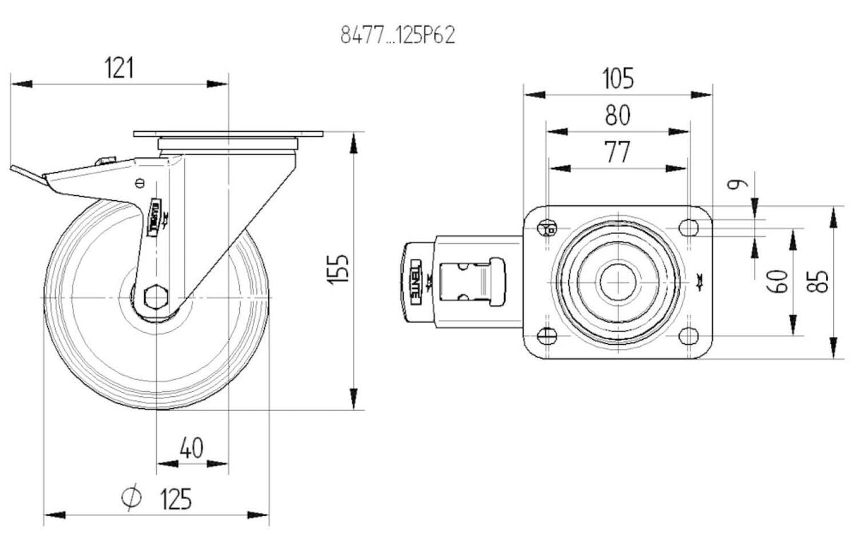 8477UAD125P62M - 200kg Swivel Plate Total Brake 125mm Stainless Steel Polyurethane