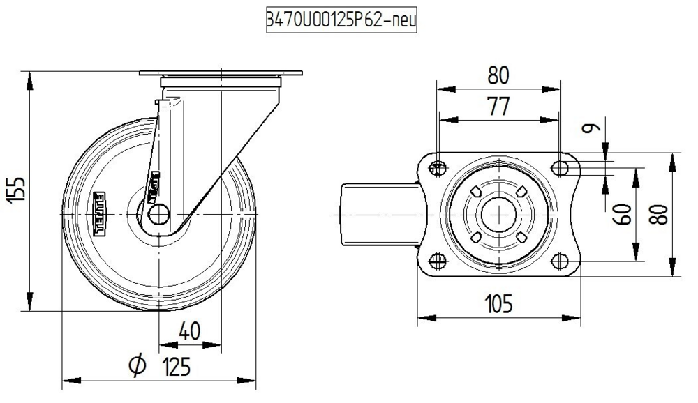 8470UOD125P62 - 250kg Swivel Plate 125mm Stainless Steel White Nylon
