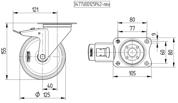 8477UOD125P62 <span>250kg Swivel Plate Total Brake 125mm Stainless Steel White Nylon</span>