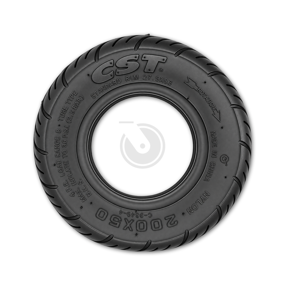 CST 200x50 high-performance replacement tyre, side view showing directional street tread and other tyre specifications