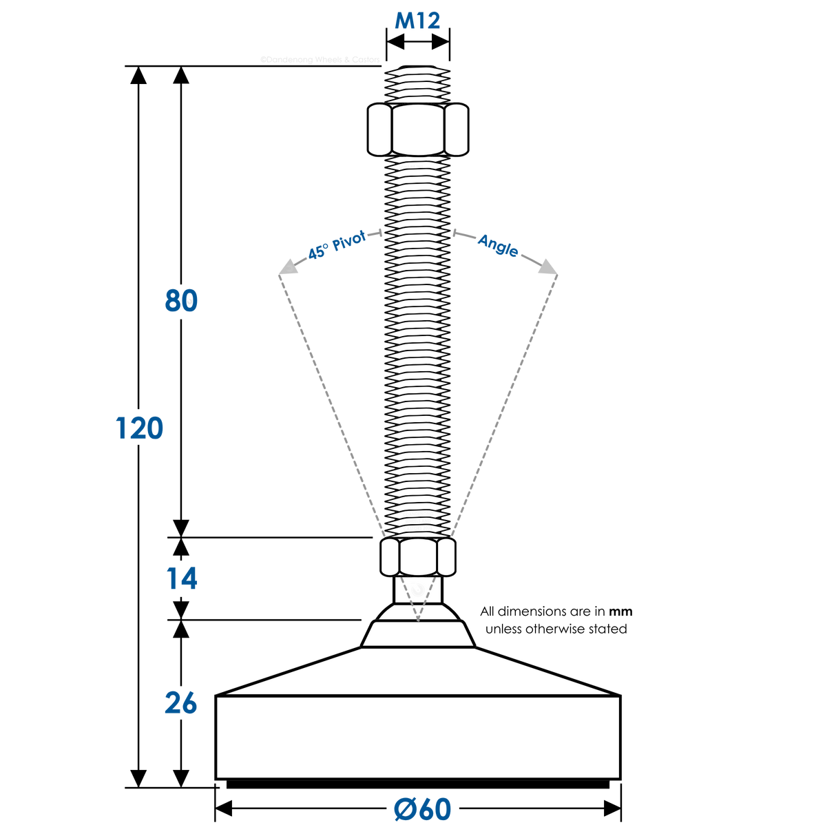 Heavy Duty Stainless Steel Levelling Foot Diagram | 1200kg, Ø60mm Base, M12x90mm