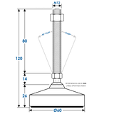 Heavy Duty Stainless Steel Levelling Foot Diagram | 1200kg, Ø60mm Base, M12x90mm