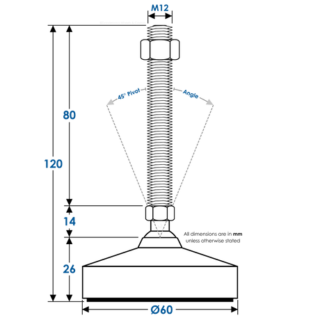 Heavy Duty Stainless Steel Levelling Foot Diagram | 1200kg, Ø60mm Base, M12x90mm