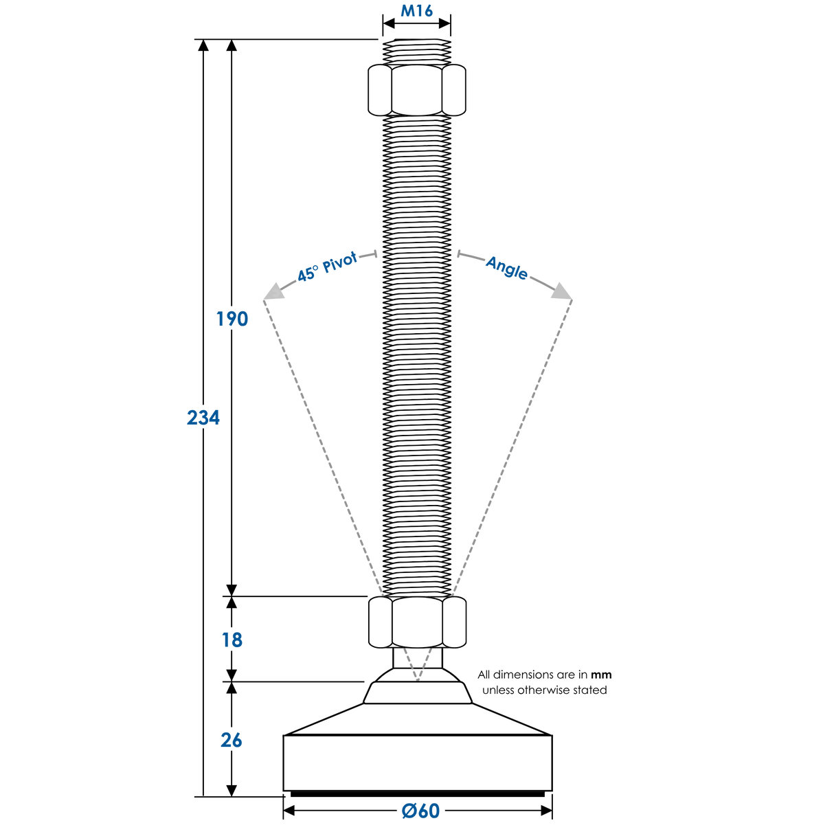 SSF-60-M16-190 - HD S/S Levelling Foot, 2000kg, Ø60mm Base, M16x190mm