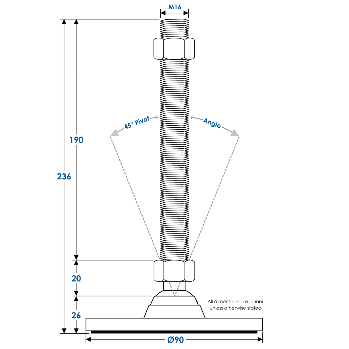 SSF-90-M16-190 - HD S/S Levelling Foot, 2000kg, Ø90mm Base, M16x190mm