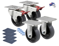 Premium Australian Made Heavy Industrial 125mm 2x Fixed & 2x Swivel Total Brake Polyurethane 400 kg per castor (HUR125F-SB-PACK)
