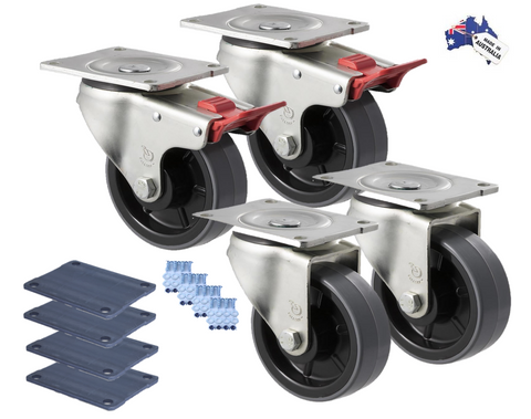 Premium Australian Made Heavy Industrial 125mm<span>2x Swivel & 2x Swivel Total Brake Polyurethane 350kg per castor (HUR125S-SB-PACK)</span>