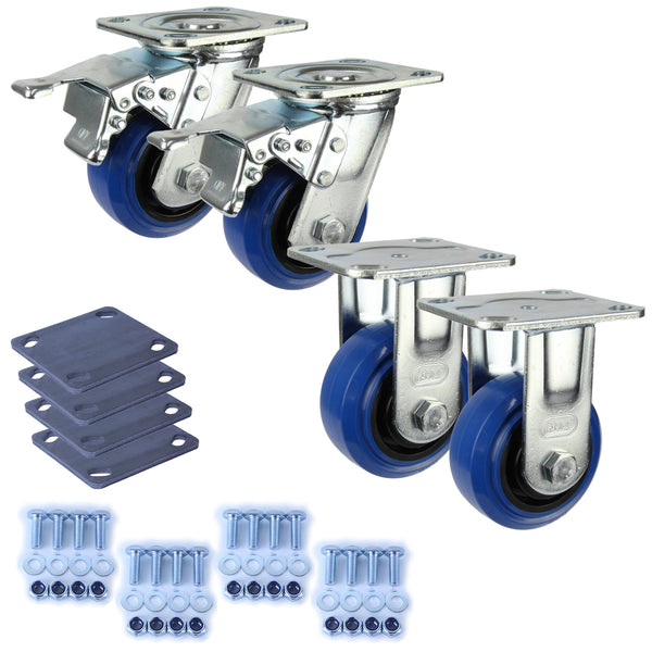 Heavy Industrial 100mm 180 Kg Per Castor Pack <span>2x Fixed & 2x Swivel Total Brake Blue Rubber</span>*HIN4-F-SB-BRQ-PACK*