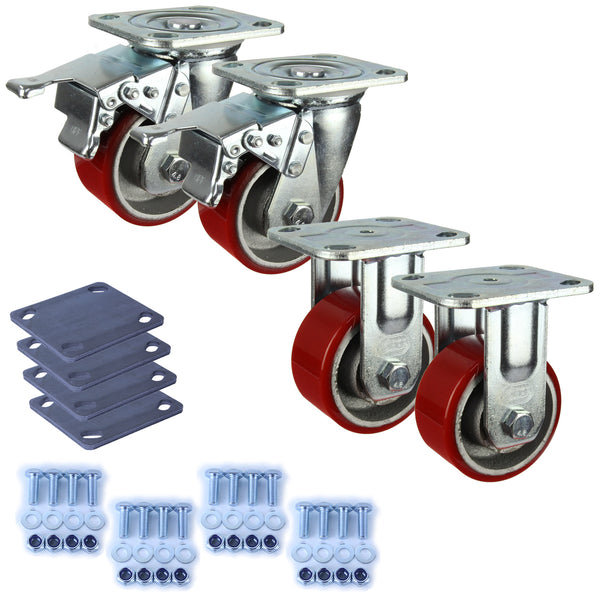 Heavy Industrial 100mm 280 Kg Per Castor Pack <span>2x Fixed & 2x Swivel Total Brake Polyurethane</span>*HIN4-F-SB-CIPU-PACK*